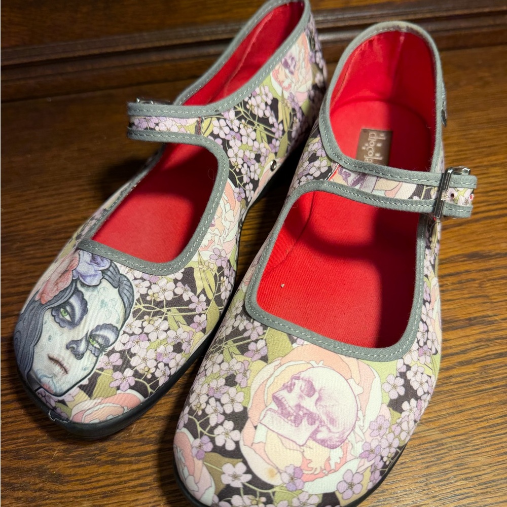 Hot Chocolate Designs. Floral Patterned Flats with Red Interior
